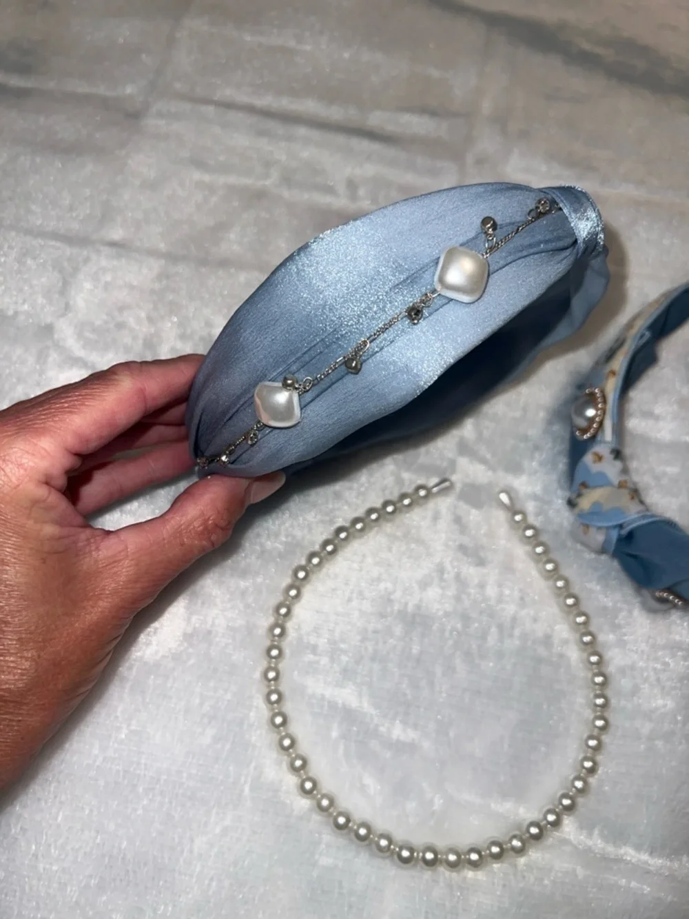 Blue Fabric Knot Pearl Headbands Set
